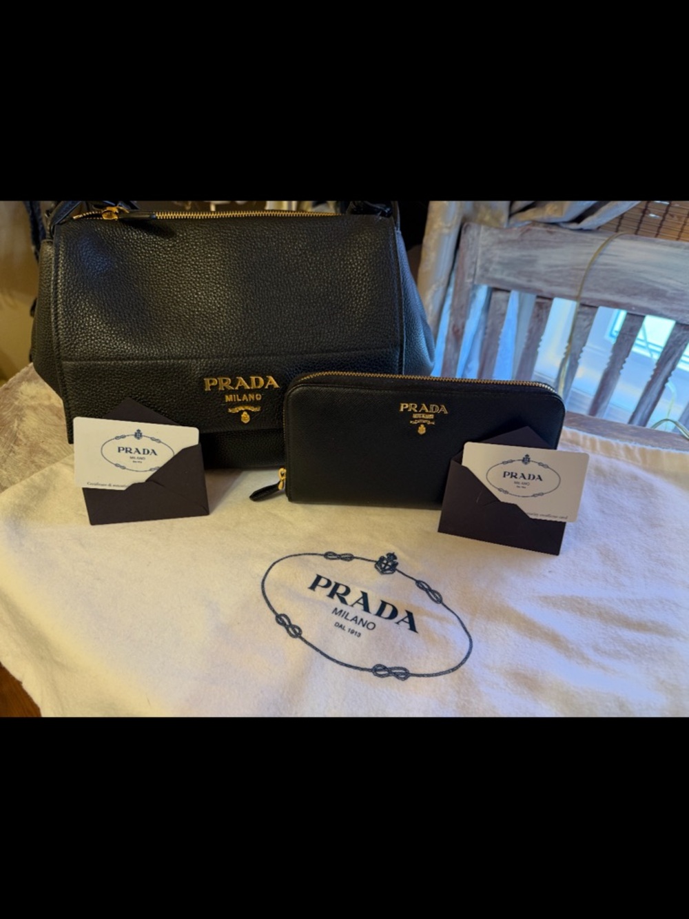 Prada Black Saffiano Leather Shoulder Bag with Matching Zip Wallet